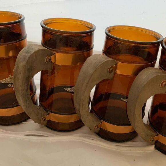 Vintage Siesta Ware Amber Glass Patriotic Eagle Wooden Handle Mug Stein Set of 5 - Picture 4 of 10